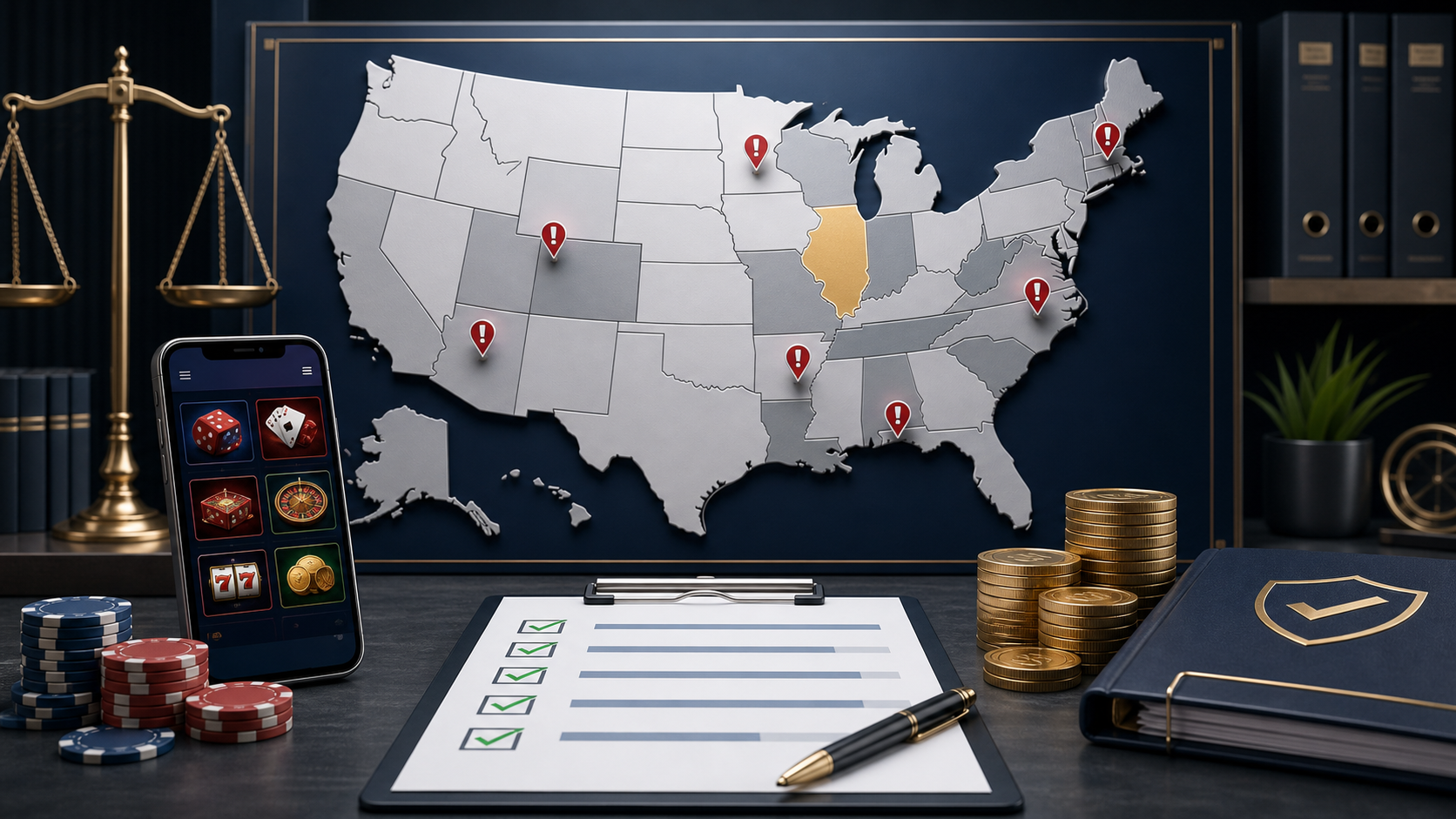 Editorial illustration of a sweepstakes casino restricted-state tracker with a US map, compliance checklist, and mobile gaming icons